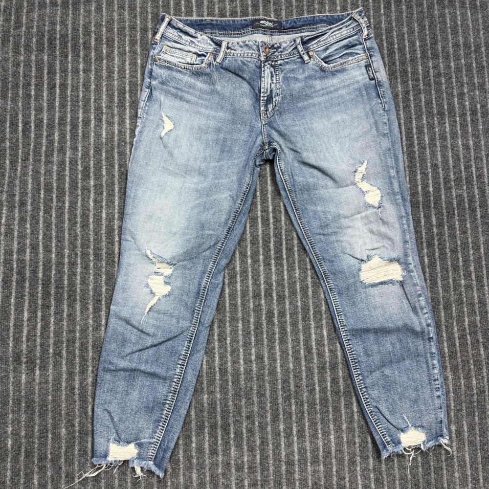 Silver Jeans Womens Suki Skinny Crop W34 L25 Blue Distressed Raw Hem Denim
